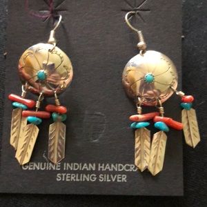 Sterling, Turquoise, Coral Feather Earrings Signed